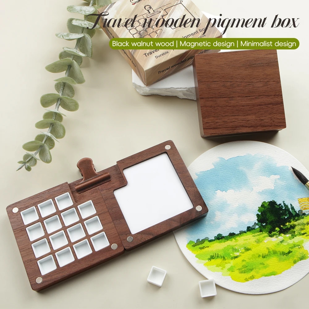 Image of the wooden painting palette with 15 compartments for paints
