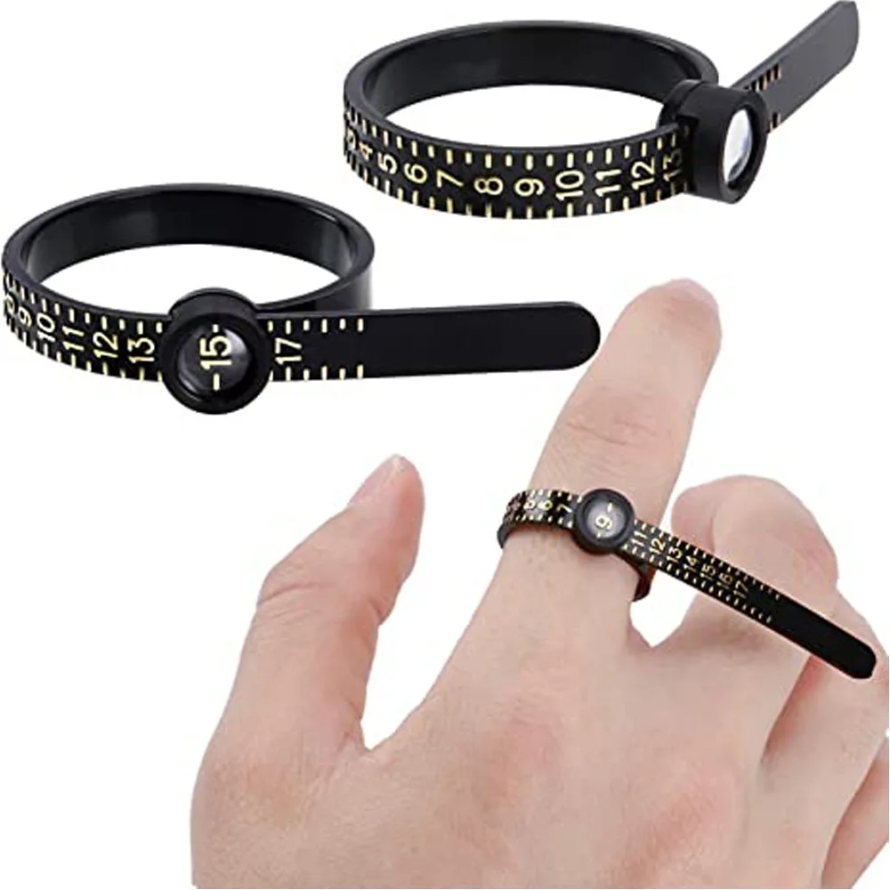 Compact plastic tool with magnifying glass and ruler for measuring finger size