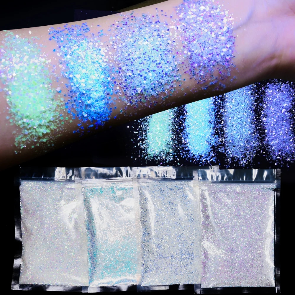 Nails with shimmering pigment glowing in the dark