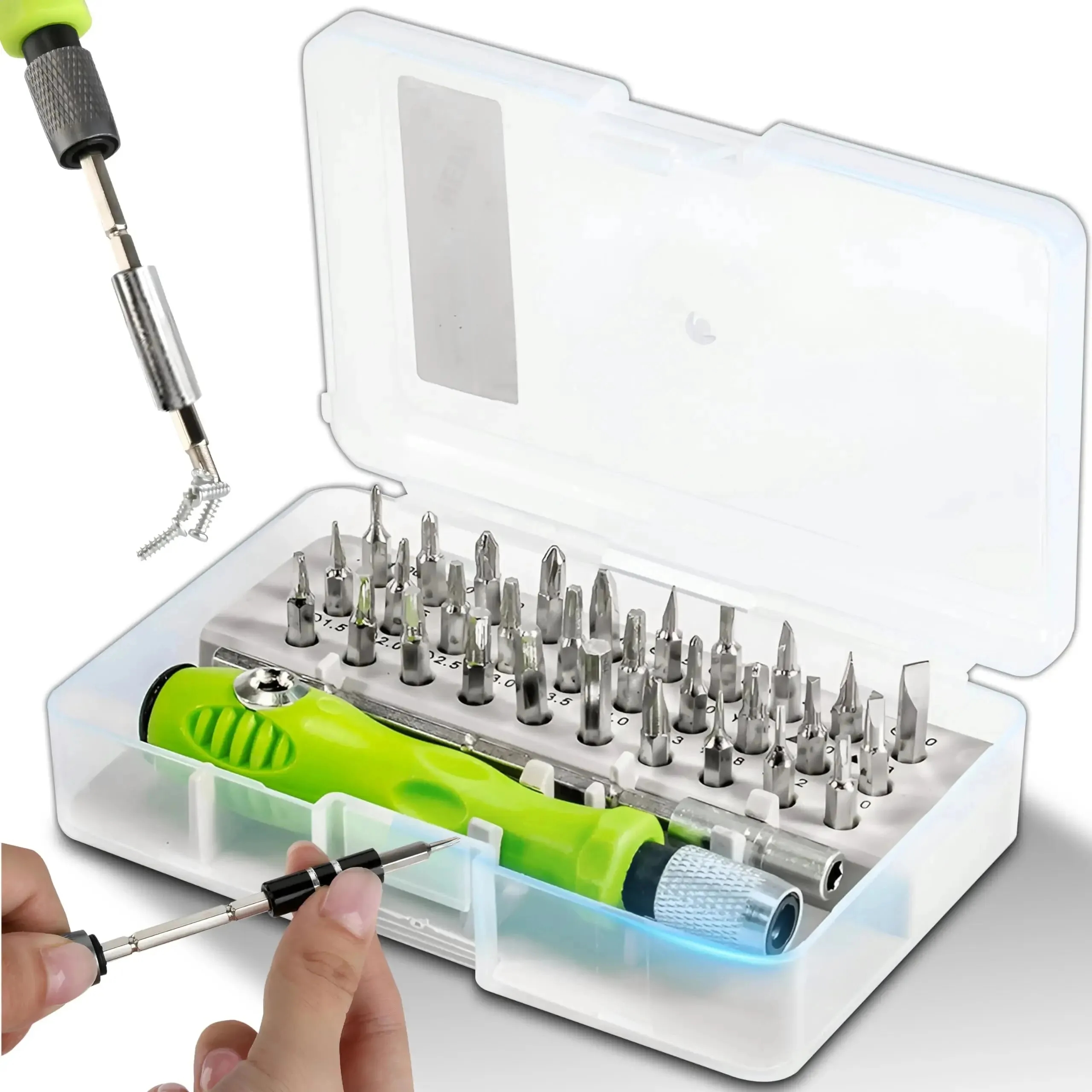 Ensemble de tournevis 32 en 1 avec divers embouts sur fond blanc