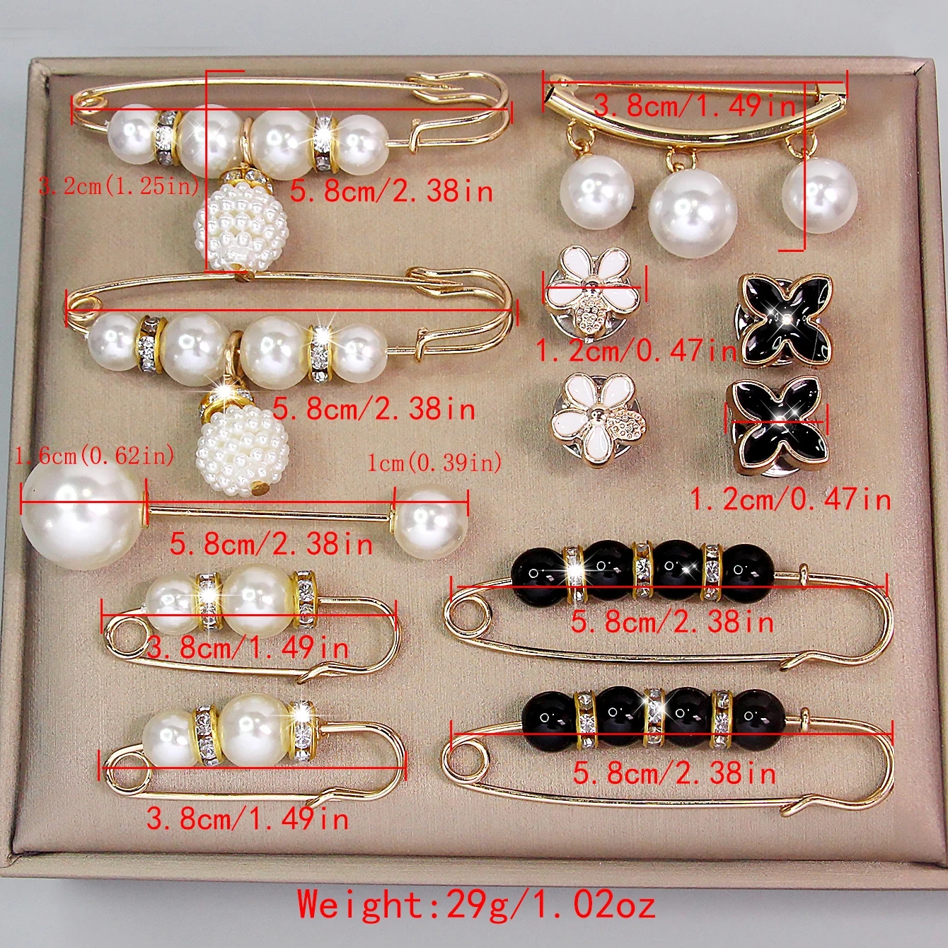 Set of universal metal brooches with pearls, suitable for different styles of clothing