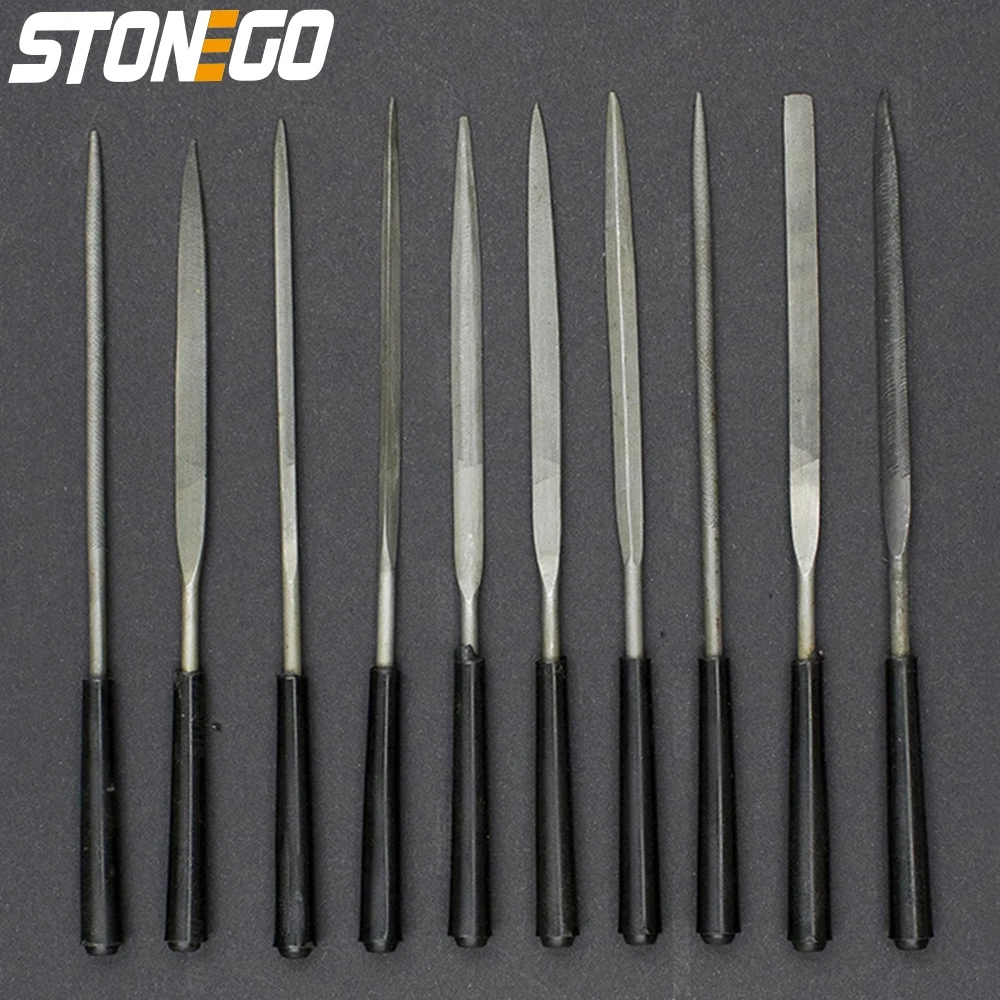 Cinco limadoras em forma de agulha de tamanhos variados STONEGO para trabalhos em joias, vidro e pedra