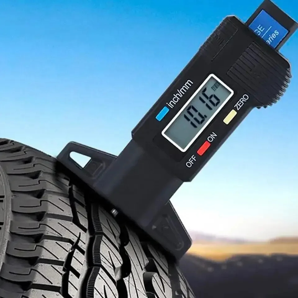 Detailed view of the digital display of the tire wear measurement device