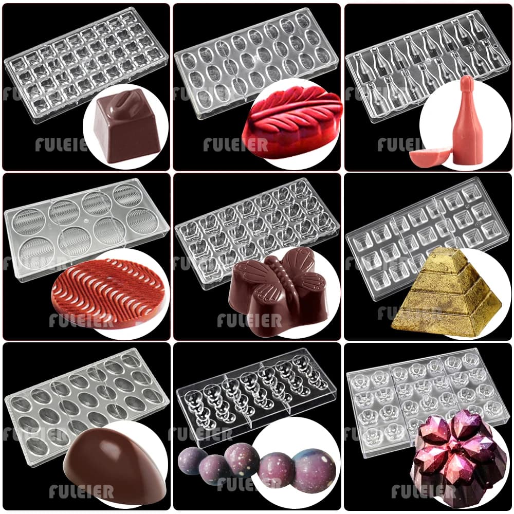Diverse silicone molds for creating chocolate figurines, candies, and decorations