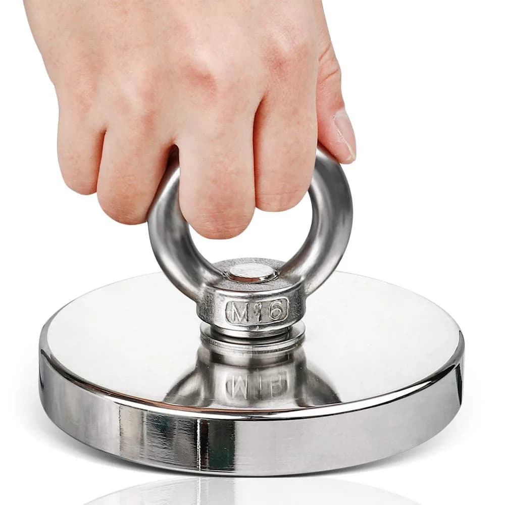 Wide neodymium magnet with attachment hole, demonstrating its large magnetic force