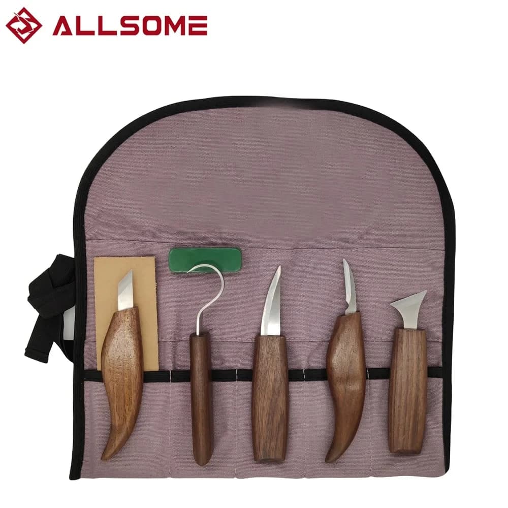 Eight carving tools with wooden handles in a convenient case