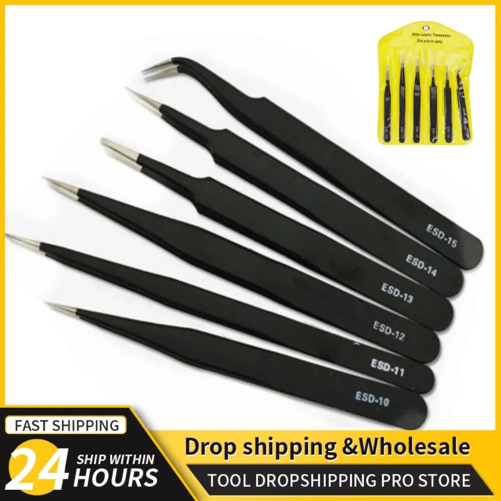 Set of precise tweezers of different shapes for repair and crafting