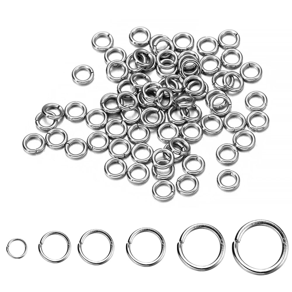 Close-up of a set of split metal rings made of stainless steel in various sizes