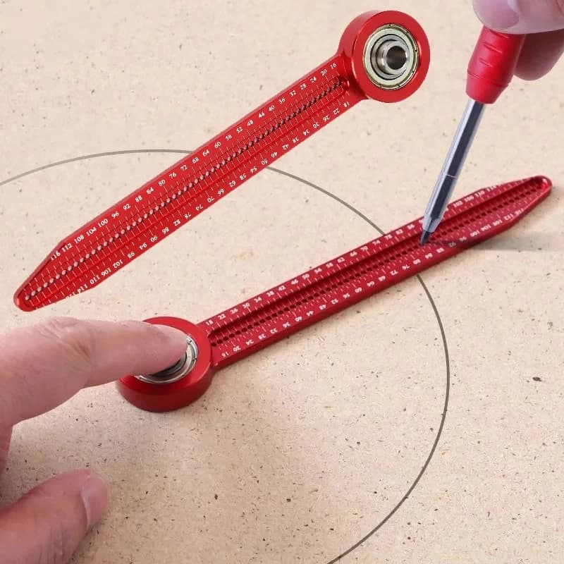 Measuring tool for marking circles and other geometric shapes on a wooden surface