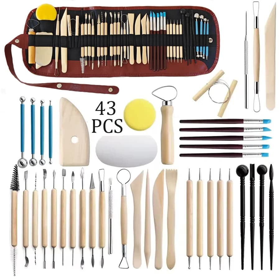 Set of tools for creating ceramic products, including various cutters, ribs, and molds