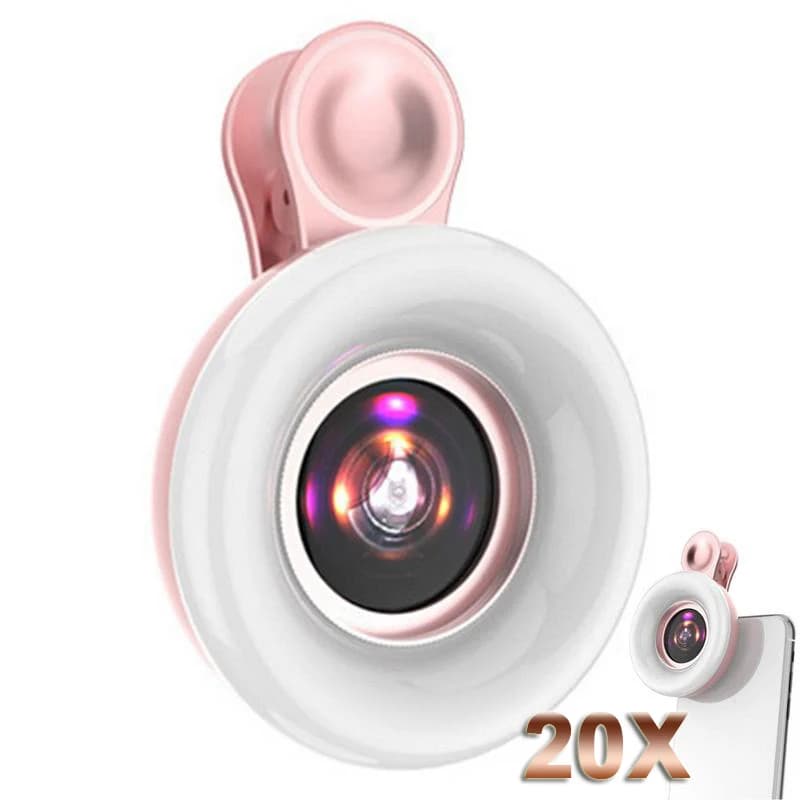 Photo of a macro lens mounted on a smartphone with the white light turned on