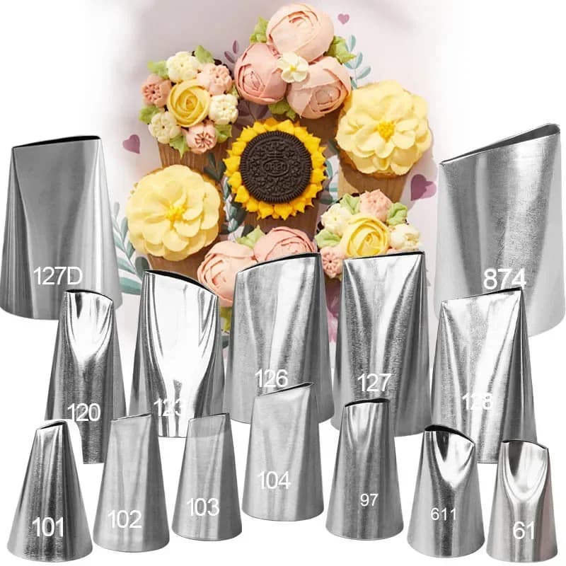 Steel tip for decorating cakes and cupcakes in the shape of a pink flower