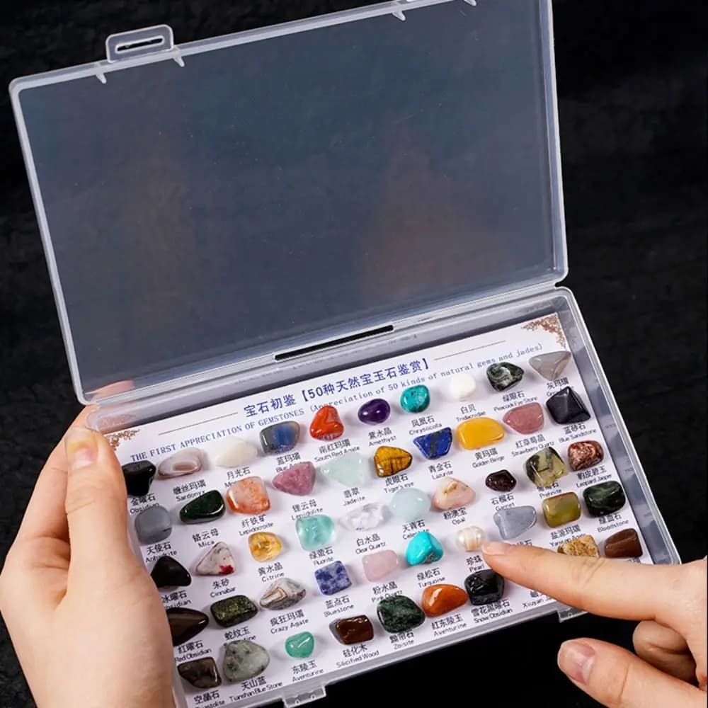 Samples of natural minerals and gemstones carefully arranged in a small box