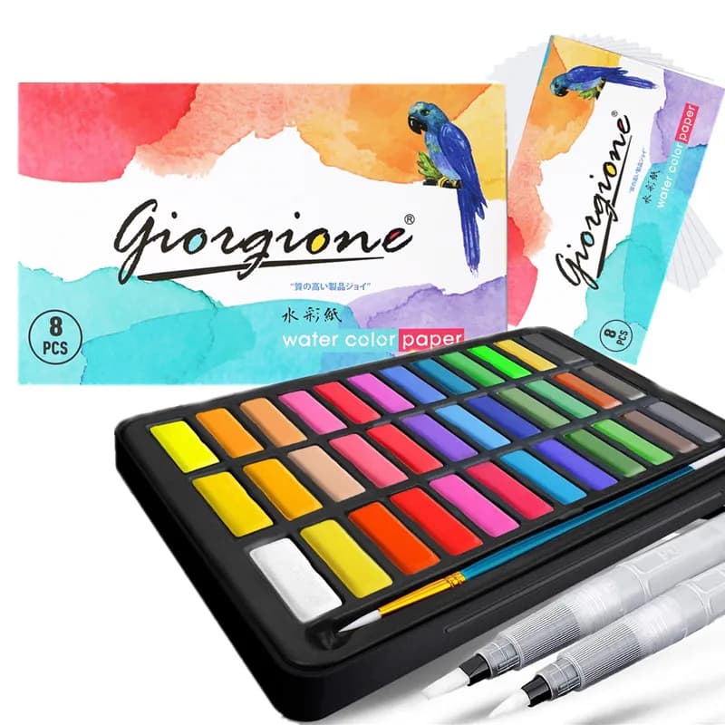 Box with 24/36 vibrant watercolor paints, brushes, and drawing paper