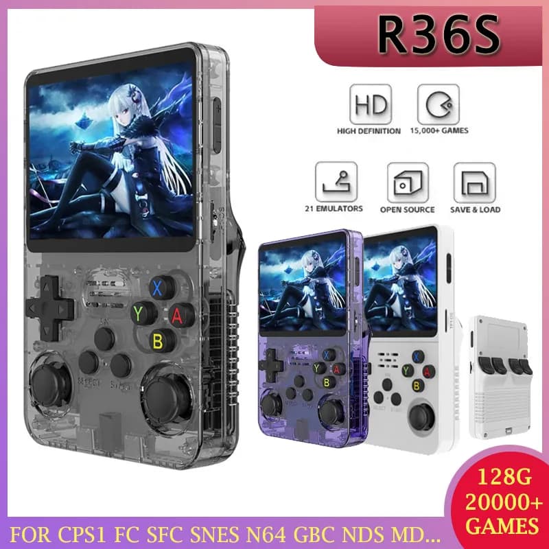 Compact portable R36S game console with 3.5-inch IPS screen and pre-loaded 20,000 games
