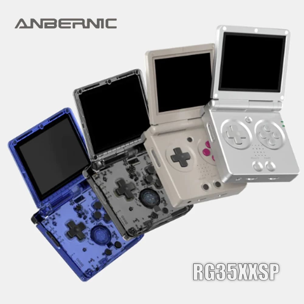 Portable retro gaming console ANBERNIC RG35XXSP in a green case