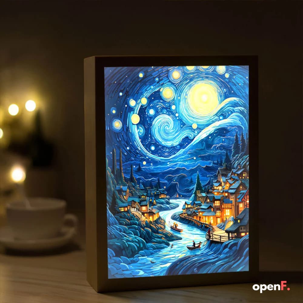 LED lamp with an image of a Van Gogh painting, standing on a wooden surface