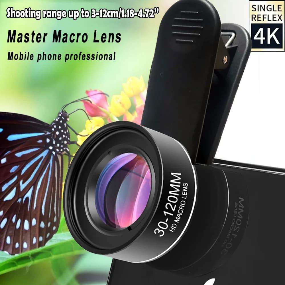 Universal macro lens with a clamp for mounting on a smartphone