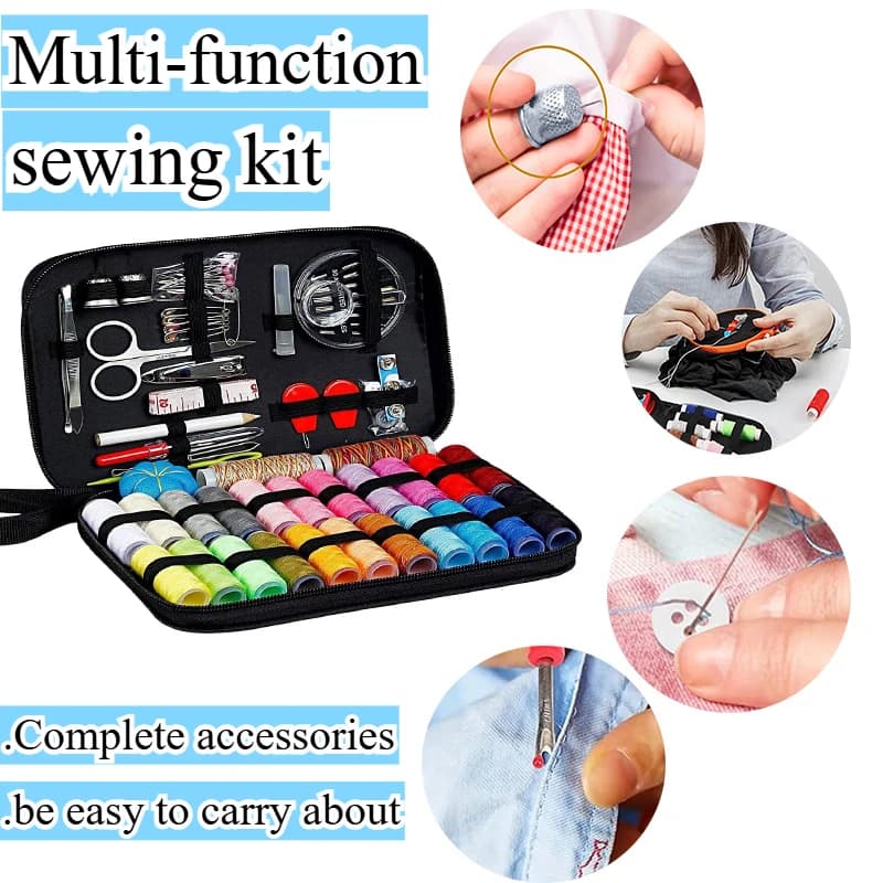 Sewing kit with various tools and accessories laid out in a case
