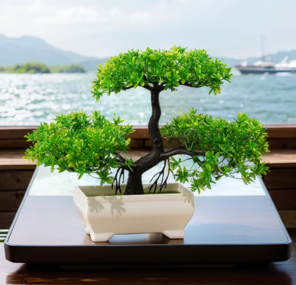 Imagem de uma árvore de bonsai artificial realista em um vaso de cerâmica marrom