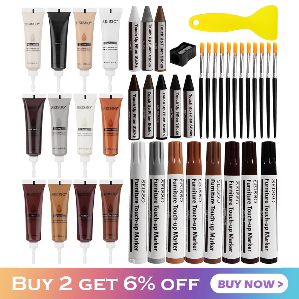 Various markers and restoration pencils in the wooden furniture repair kit