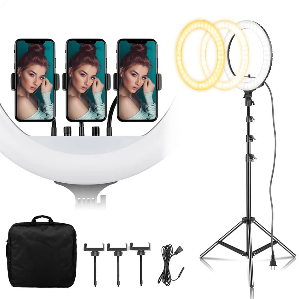 Photographer using ring light to shoot a model